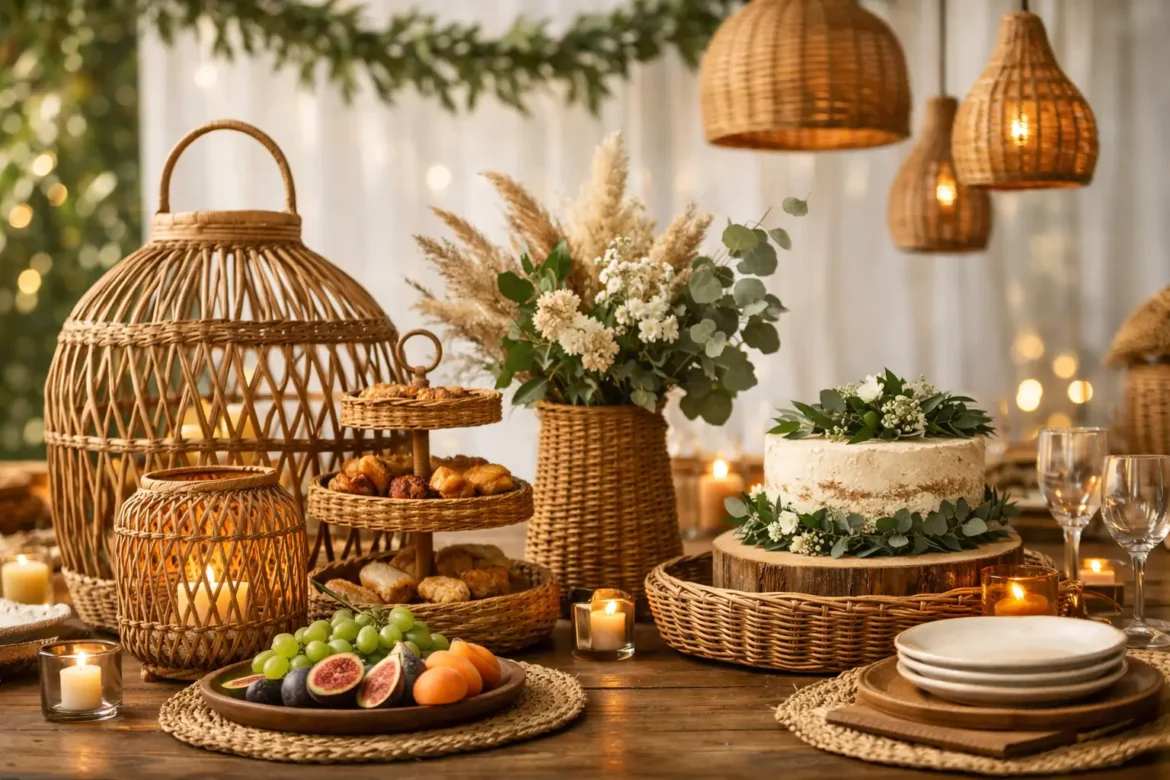 Decoração rústica com rattan para festa