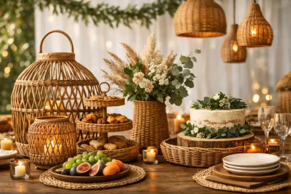 Decoração rústica com rattan para festa