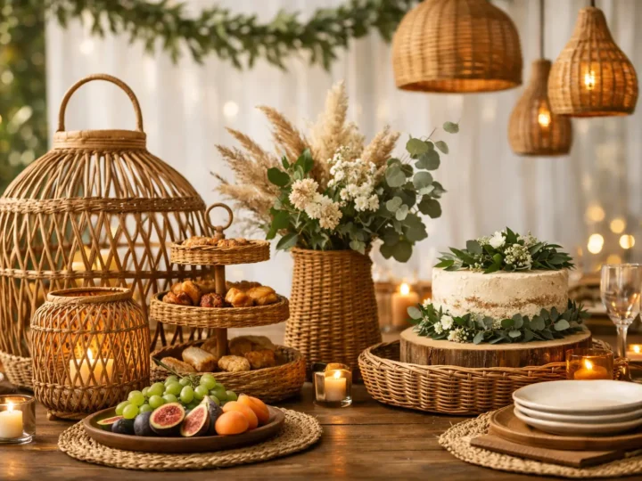 Decoração rústica com rattan para festa